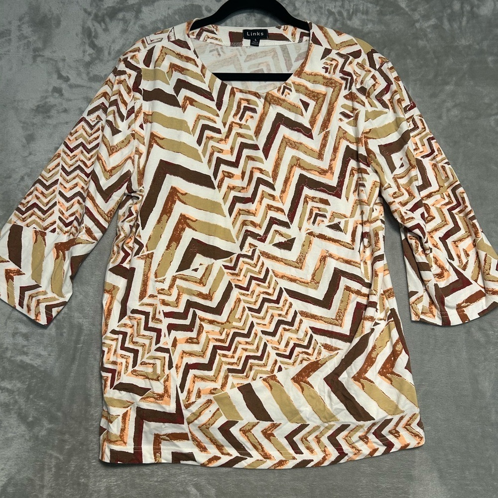 Links 3/4 Sleeve Chevron Blouse Top Women’s Large Brown Tan White